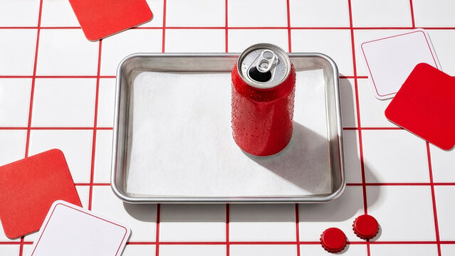 Red soda can mockup on a baking sheet with coasters and bottle caps on a tiled surface