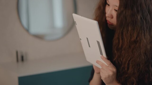 Side view of young woman seated in warm indoor setting, holding tablet vertically and looking at screen while hands shift grip and device tilts, conveying focused modern work and learning moment