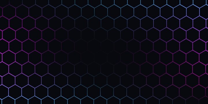 Dark hexagon abstract technology background with blue and pink colored bright flashes under hexagon. Hexagonal gaming vector abstract tech background.