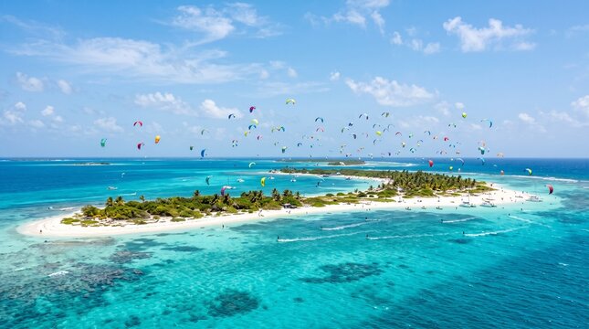 Los roques aerial view of kitesurfers over turquoise water
