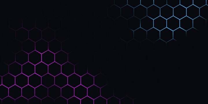 Dark hexagon abstract technology background with blue and pink colored bright flashes under hexagon. Hexagonal gaming vector abstract tech background.