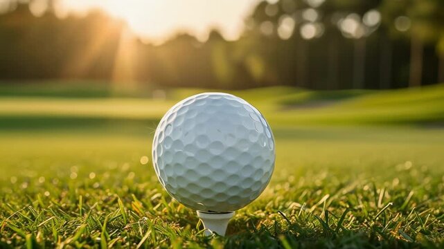 Golf ball on tee at sunset ready for perfect swing outdoors in beautiful golf course landscape