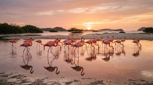 Los roques flamingo flock wading in lagoon at sunset