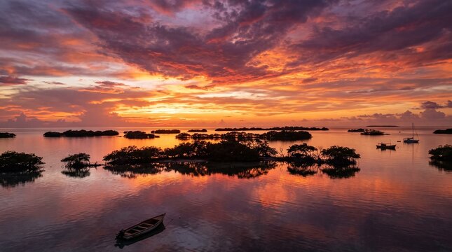 Los roques islands glowing under a dramatic tropical sunset sky