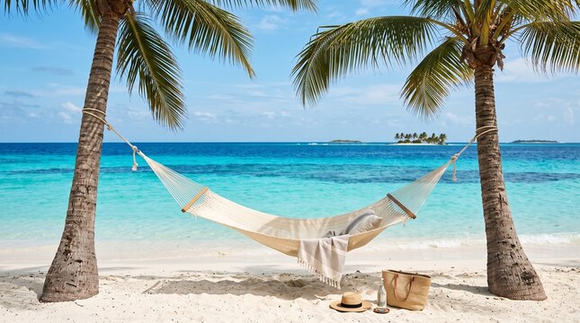 Los roques beach hammock hanging between palm trees by the ocean