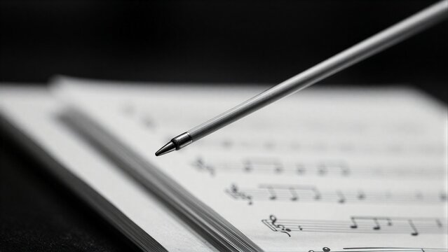 Pen hovers over sheet music, poised to compose melodies on blank pages.