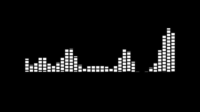 A detailed white digital audio equalizer waveform composed of many small square bars displaying fluctuating levels and peaks, presented clearly on a black background, illustrating sound intensity
