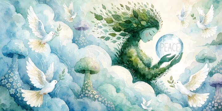 Peaceful spirit goddess in nature scene.