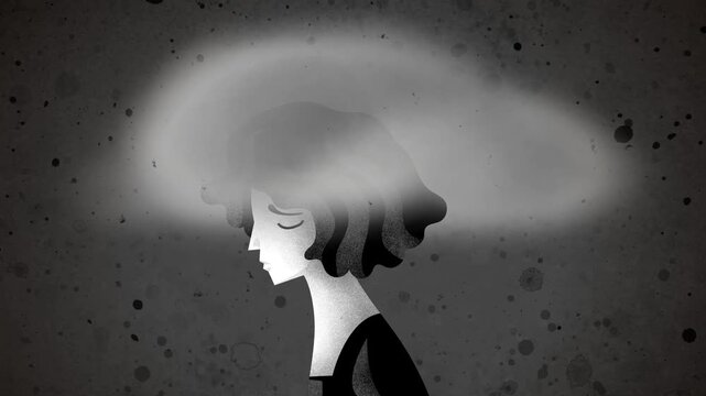 woman walking with brain fog and a cloud over her head