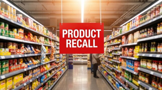 Product recall sign hanging prominently in center of a brightly lit supermarket aisle with shelves