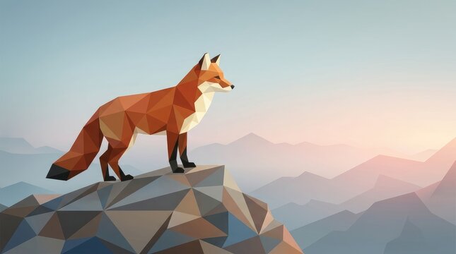 Geometric orange fox standing proudly on a jagged mountain peak during a soft pastel sunrise morning