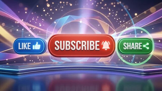Subscribe button animation with like and share social media icons on a vibrant abstract glowing digital motion background video