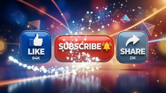 Subscribe button animation with social media like and share icons for high engagement digital marketing video production background motion graphic