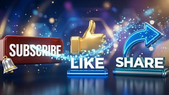 Subscribe like share social media buttons animation background featuring glossy 3D gold thumbs up icon for engaging digital video content