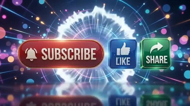 Subscribe button with like and share icons on dynamic glowing digital background for engaging social media video motion graphic animation