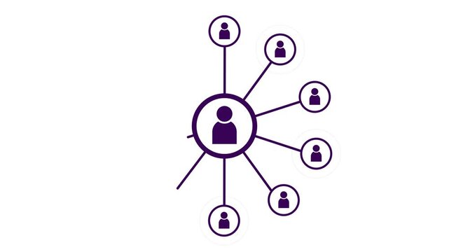 A simple purple depicting a central user within a large circle connected by thin lines to two smaller user also within circles on a clean white background representing a network or social