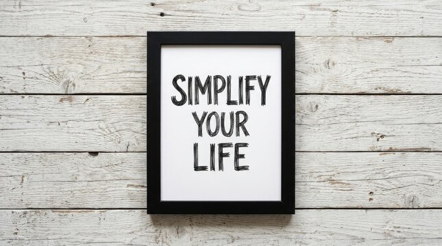 Black picture frame containing inspirational quote simplify your life resting upon rustic white wooden planks background