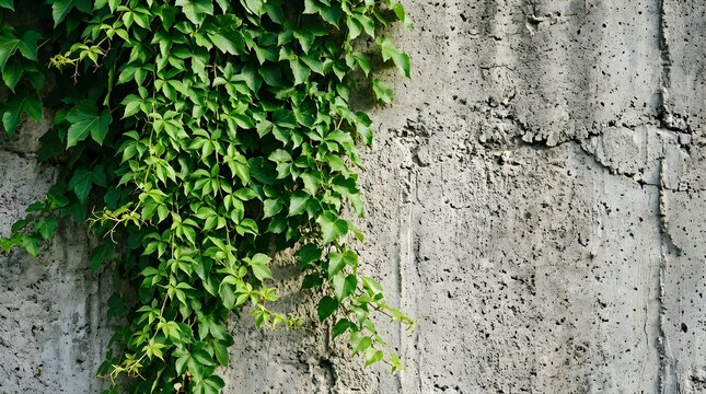 Lush green vine growing on a textured grey concrete wall for background
