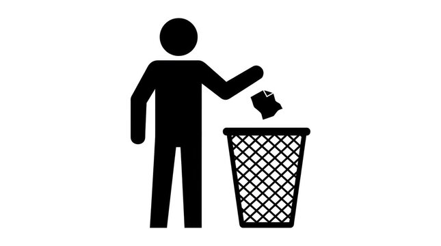 Minimalist black icon showing a person throwing paper waste into a classic wire mesh trash bin