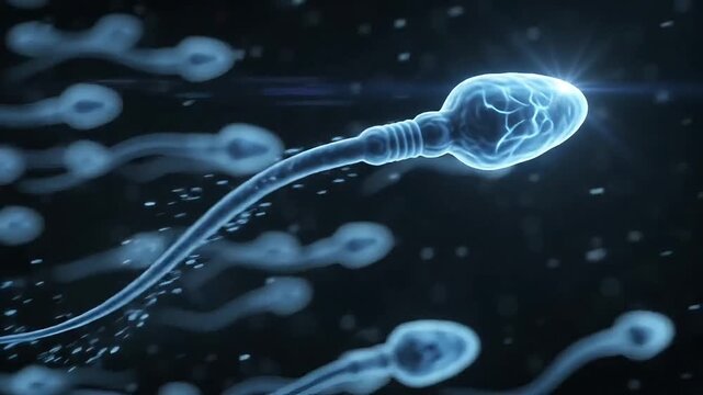 Sperm cells swimming towards fertilization in a microscopic medical video footage showing biological reproduction process in human reproductive system