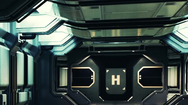 A futuristic hallway is inside a space station. The walls are metallic and there is a large letter H on one side. Bright lights illuminate the corridor. The environment looks advanced and clean.
