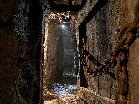 Old wooden door with rusty chain opening to a dark stone passage