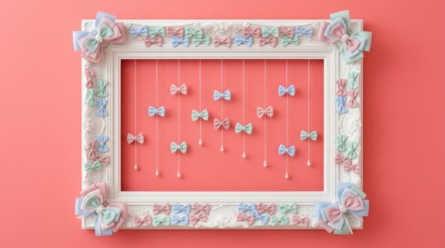 Decorative white ornate vintage frame featuring pastel ribbon bows against a vibrant solid coral pink background