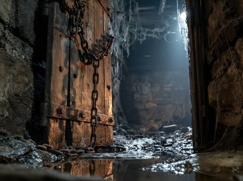 Old wooden dungeon door with heavy chains and padlock