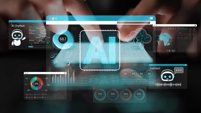 Abstract representation of artificial intelligence concepts with analytical data, charts, and chatbot interface on digital screen promoting innovative technology solutions Sigmoid