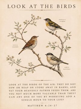Look at the birds Christian scripture botanical wall art print. Vintage songbird floral branch watercolor illustration. Matthew 6 bible verse poster.