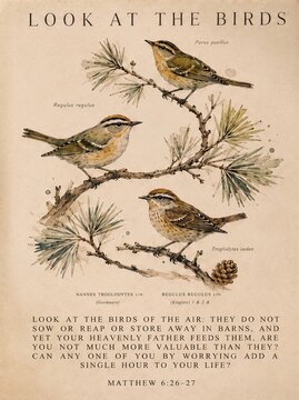Look at the birds Christian scripture botanical wall art print. Vintage songbird floral branch watercolor illustration. Matthew 6 bible verse poster.