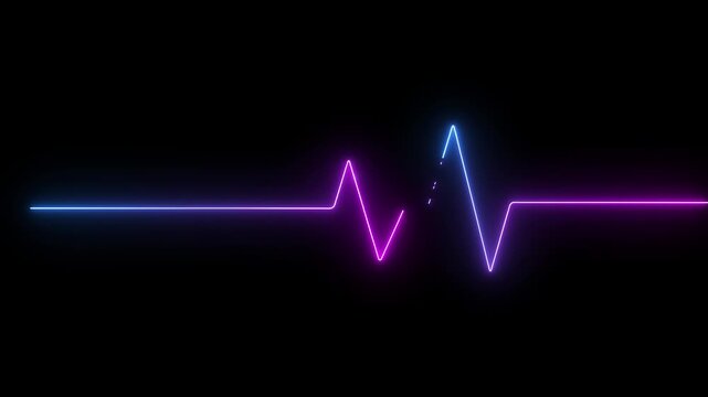 A vibrant neon electrocardiogram line transitions from electric blue to bright magenta against a stark black background representing a healthy heartbeat pulse with digital energy and futuristic