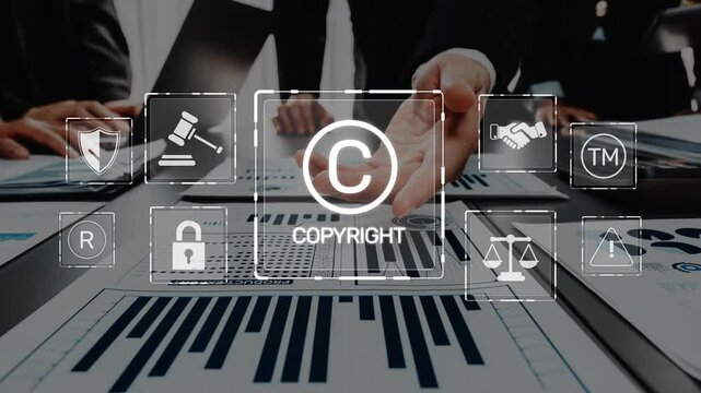 A team of business professionals engages in a meeting, analyzing copyright symbols and digital rights management icons to enhance their understanding of intellectual property. Raster