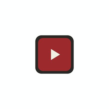 A flat charcoal-red play triangle glyph on a rounded button base morphs into two vertical pause bars and back on a solid white background