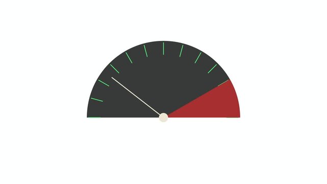 A flat dark grey analog VU meter with a neon-green tick scale and red peak zone has its needle swing from left to right and back across the arc on a solid white background
