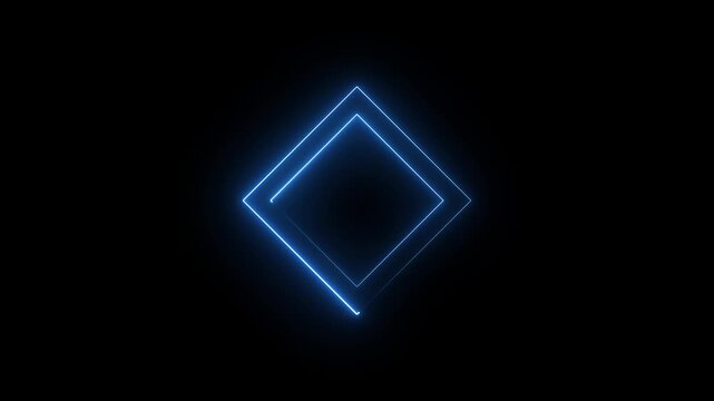 A luminous electric blue neon rhombus shape composed of two concentric outlines glows brightly against a solid black background, creating a modern geometric abstract