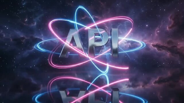 API text branding animation featuring metallic letters with spinning pink and blue neon light rings in space video footage