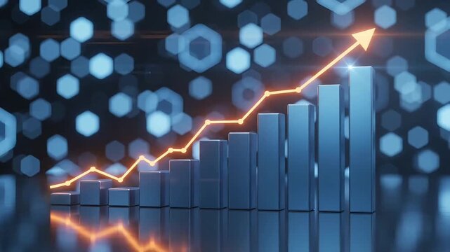 Financial growth bar chart with rising orange arrow animation showing corporate success in digital abstract blue motion video clip