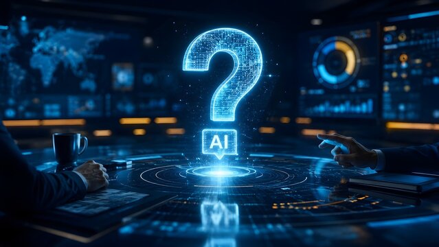 Businessmen Analyzing Glowing AI Question Mark Hologram on Futuristic Interactive Desk in Control Room