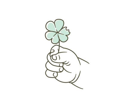Child Holding Three Leaf Clover Line Art Illustration