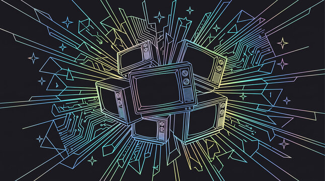 Pile of outlined CRT televisions shattering amid neon circuit lines stars and sharp rays on a dark digital burst background