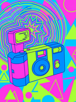 Disposable camera with flash unit raised triggering a starburst flash amid neon triangles and circles in Y2K color scheme