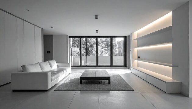 Modern minimalist living room with white sofa, wooden coffee table, recessed lighting, and large sliding glass doors leading to an outdoor view.