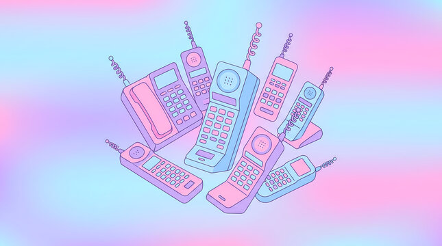 Fan shaped arrangement of nine pastel cordless phone handsets with digital screens rising against a soft gradient sky