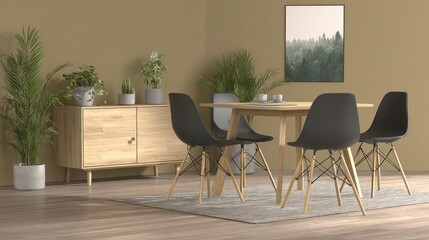 Fototapeta premium Modern dining room with table chairs plants and artwork interior design