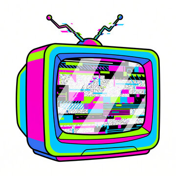 Neon pink and blue flat cartoon television with rabbit ear antenna showing glitchy static screen noise
