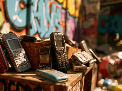 Old obsolete mobile phones stacked outdoors against graffiti wall