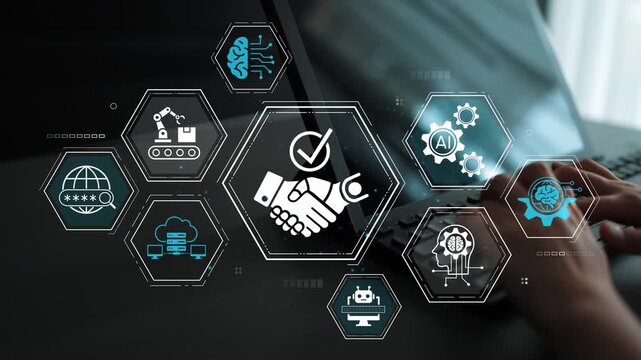Digital Collaboration and Automation in Modern Business with Icons Representing AI, Machine Learning, Robotics, and Innovation in Technology. Entropy.