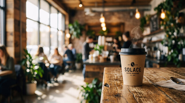 A paper takeaway coffee cup with "Solace" branding on a textured wooden table inside a vibrant, green plant-filled coffee shop with blurred patrons and natural window light.