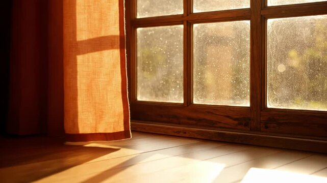 Golden sunlight shining through a rustic wooden window frame